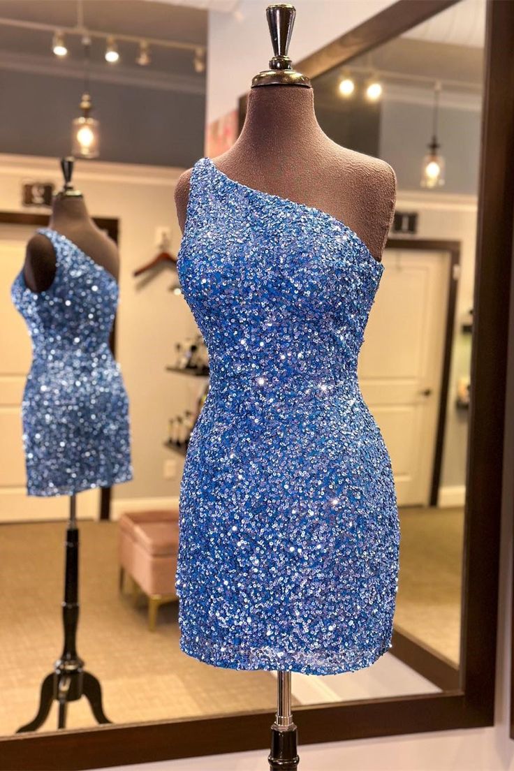 One Shoulder Blue Sequin Tight Mini Dress Winter Formal Dresses Short, Mini Dress Homecoming, Blue Sequin Mini Dress, 8th Grade Dance Dresses, Formal Dresses Tight, Blue Sparkly Dress, 8th Grade Formal Dresses, Homecoming Dresses Sparkly, Purple Homecoming Dress