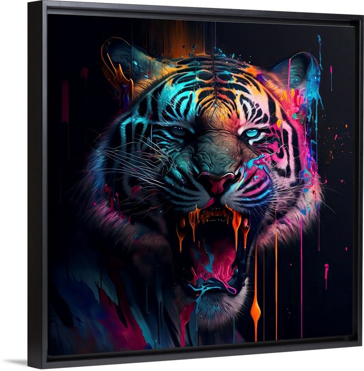 a painting of a tiger with colorful paint splatches on it's face