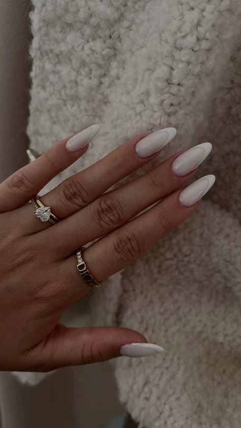 Classy Long Acrylic Nails Almond, Almond Nails September 2024, Milky White Nails With French Tip Almond, Milky White French Nails Almond, White Nail Inspo Design, Milky Nails With White French, White Base French Tip Nails, Cloudy White French Tip Nails, White French Tip Design Nails