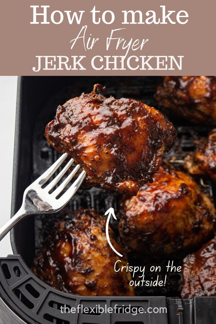 Jerk chicken being help up with a fork above an air fryer Fried Jerk Chicken, Air Fryer Jerk Chicken, Easy Jerk Chicken Recipe, Jerk Chicken Marinade, Jerk Recipe, Jerk Chicken Wings, Jerk Chicken Recipe, Air Fryer Chicken Thighs, Jamaican Jerk Seasoning