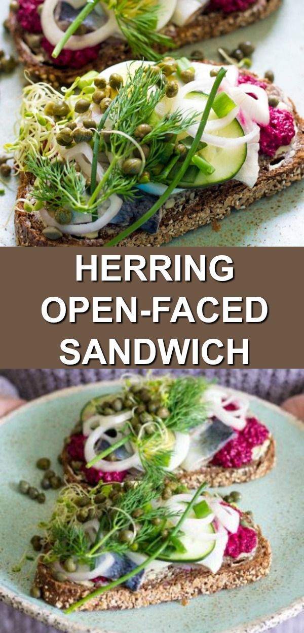 there is an open faced sandwich with vegetables on it and the words herring open - faced sandwich