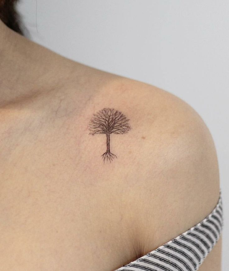 a woman's shoulder with a small tree tattoo on the left side of her arm