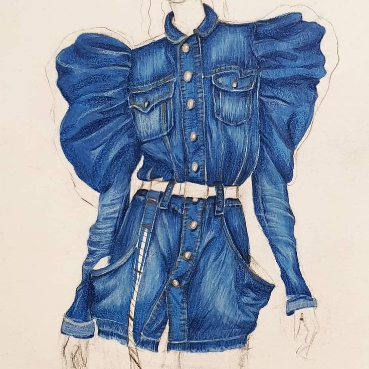 a drawing of a woman's blue jean dress with puffy sleeves and belt