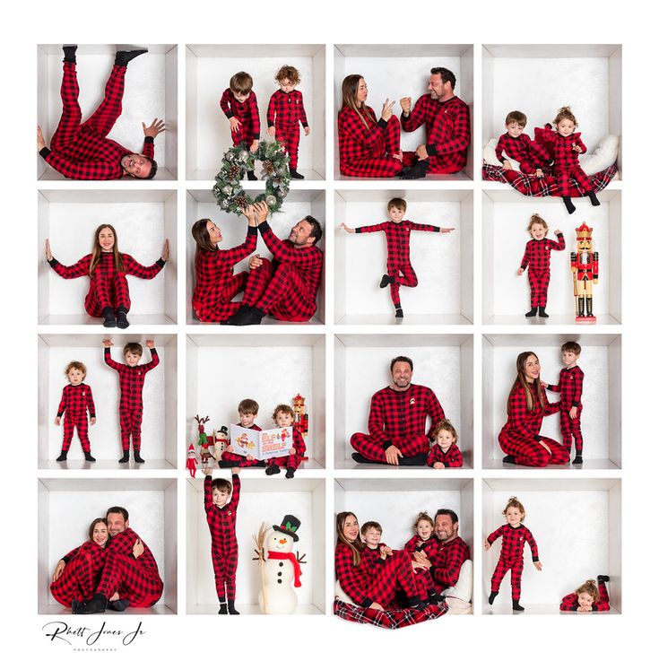 the family is dressed in matching red pajamas and posing for pictures together with their christmas tree