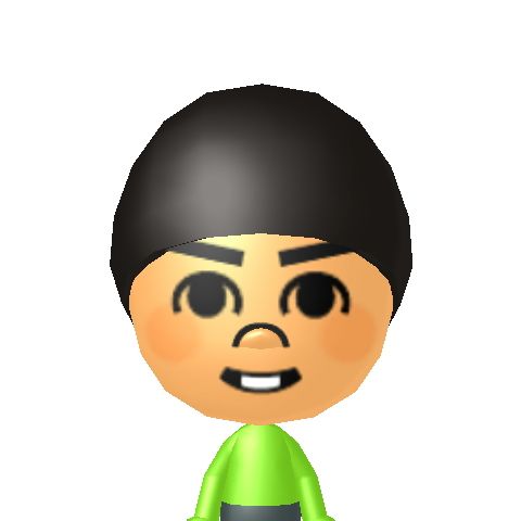 an animated character with black hair and green shirt