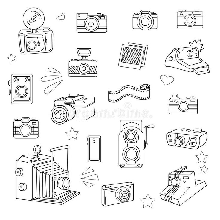 black and white line drawing of different types of objects for the project, including cameras