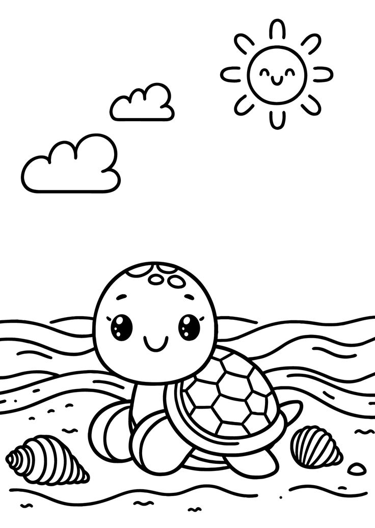 Happy Turtle - Free Coloring Page Cute Turtle Coloring Pages, Preschool Coloring Activities, Toddler Coloring Pages Free Printable, Preschool Coloring Sheets Free Printable, Beach Crafts For Toddlers, Summer Colouring Pages, Beach Coloring Pages For Kids, Simple Colouring Pages, Coloring Sheets For Toddlers