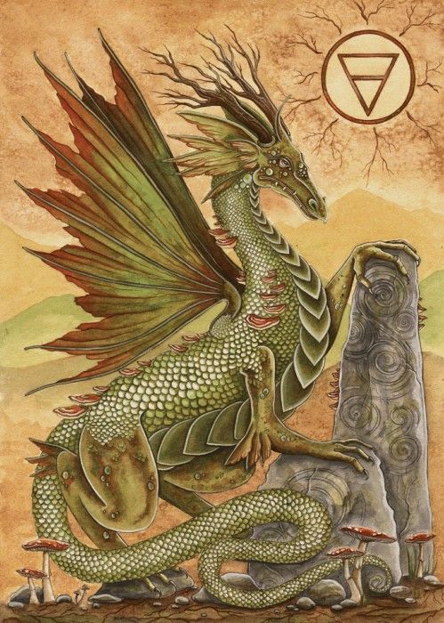 a green dragon sitting on top of a rock next to a stone pillar with the letter v in it's center