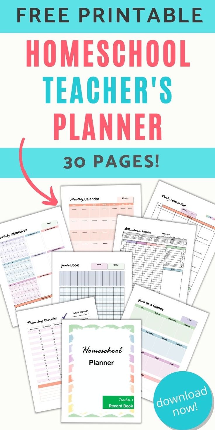 the printable homeschool teacher's planner is shown with text overlay