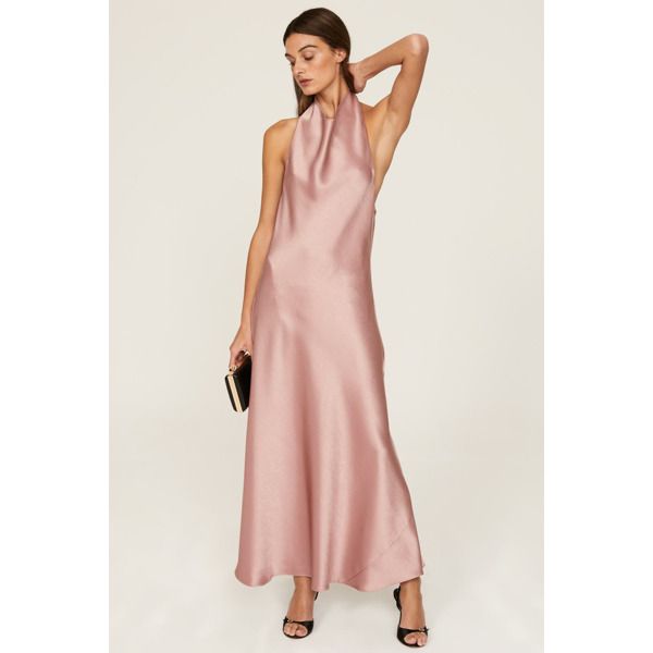 Pink satin (55% Recycled Polyester, 45% polyester). Shift. Sleeveless. Halter. Pull on. 49.5" from shoulder to hemline. Imported. Midi Silk Dress, Minimalist Gown, Slip Midi Dress, Satin Cami Top, Satin Cocktail Dress, Midi Slip Dress, Cowl Neck Dress, Top Skirt Set, V Neck Midi Dress