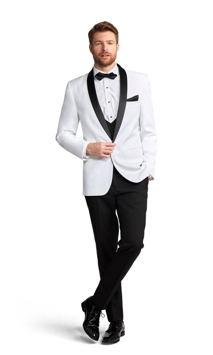 A slim white coat with one button and a black satin shawl lapel. Button Shawl, White Pant, Slim Fit Tuxedo, Black Tie Affair, Slim Fit Jackets, Slim Fit Suits, Tuxedo Suit, Trousers Pants, White Coat