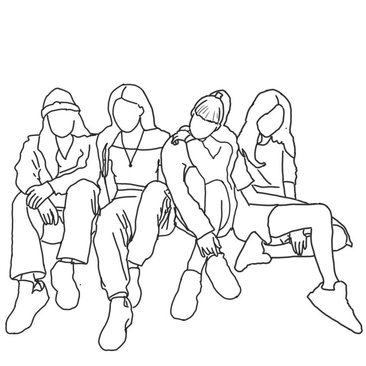 a line drawing of four people sitting on a bench