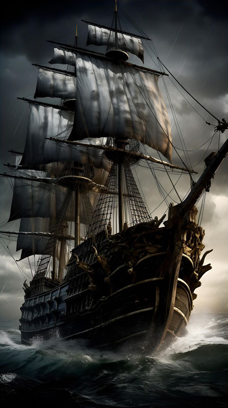 an old pirate ship sailing in the ocean on a stormy day with dark clouds overhead