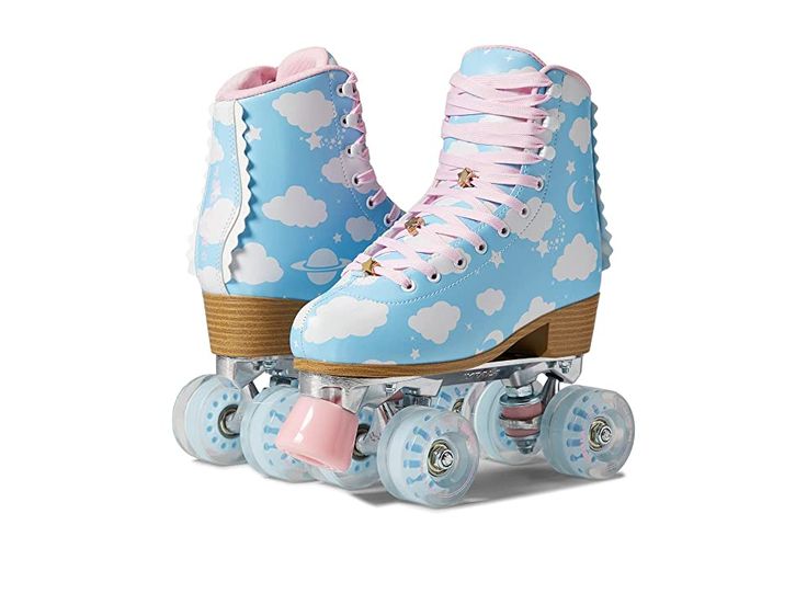 a pair of blue roller skates with pink wheels and clouds painted on the side