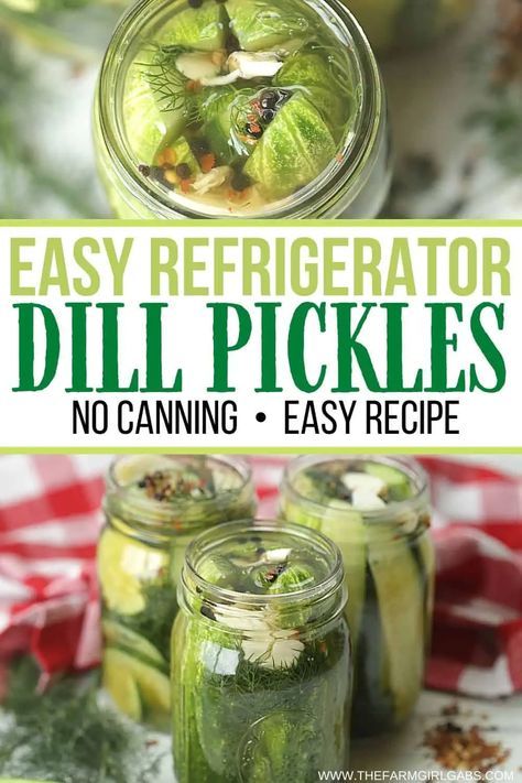 three mason jars filled with pickles on top of a red and white checkered table cloth