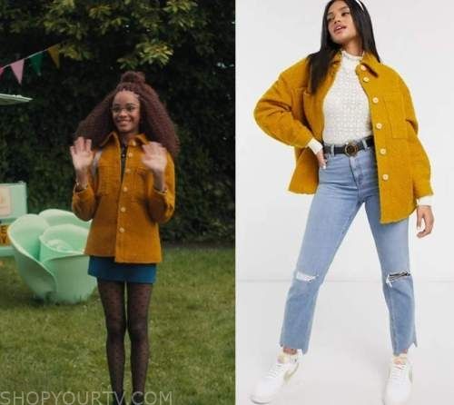 Outfits With Yellow Jacket, Elle Heartstopper Outfits, Heartstopper Outfits, Elle Heartstopper, Yellow Jacket Outfit, Elle Argent, Movies Fashion, Zoeys Extraordinary Playlist, Yellow Clothes