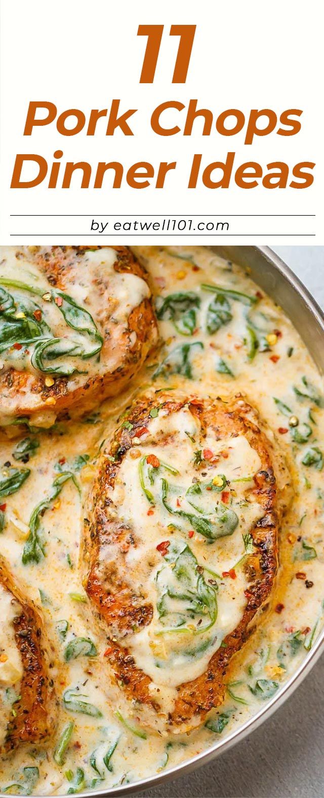 a pan filled with food and the title reads 11 pork chops dinner ideas on it