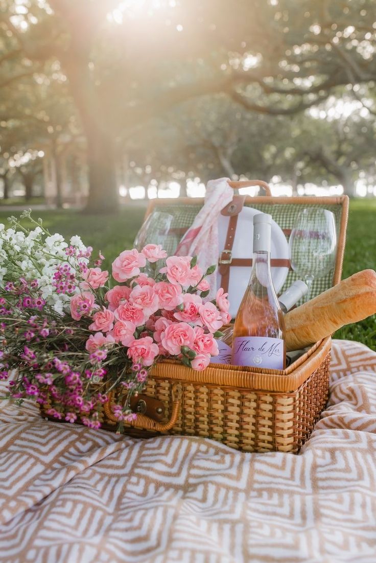 a picnic basket with flowers, bread and wine on a blanket in a park setting