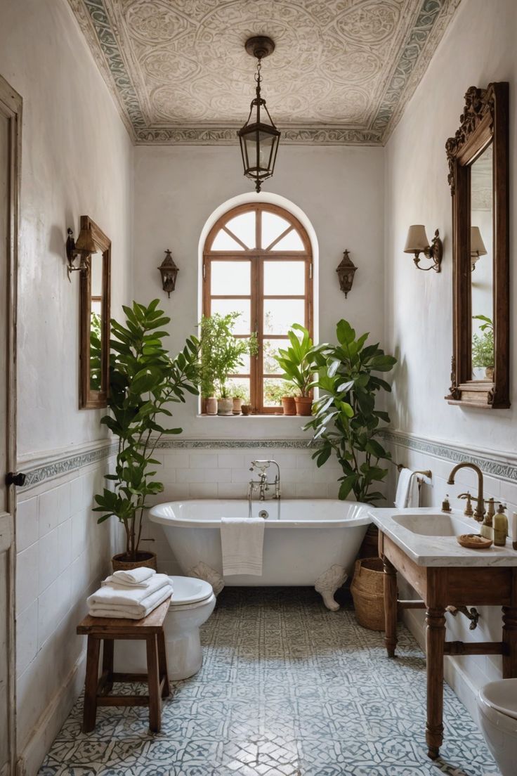 a bath room with a tub a sink and a window