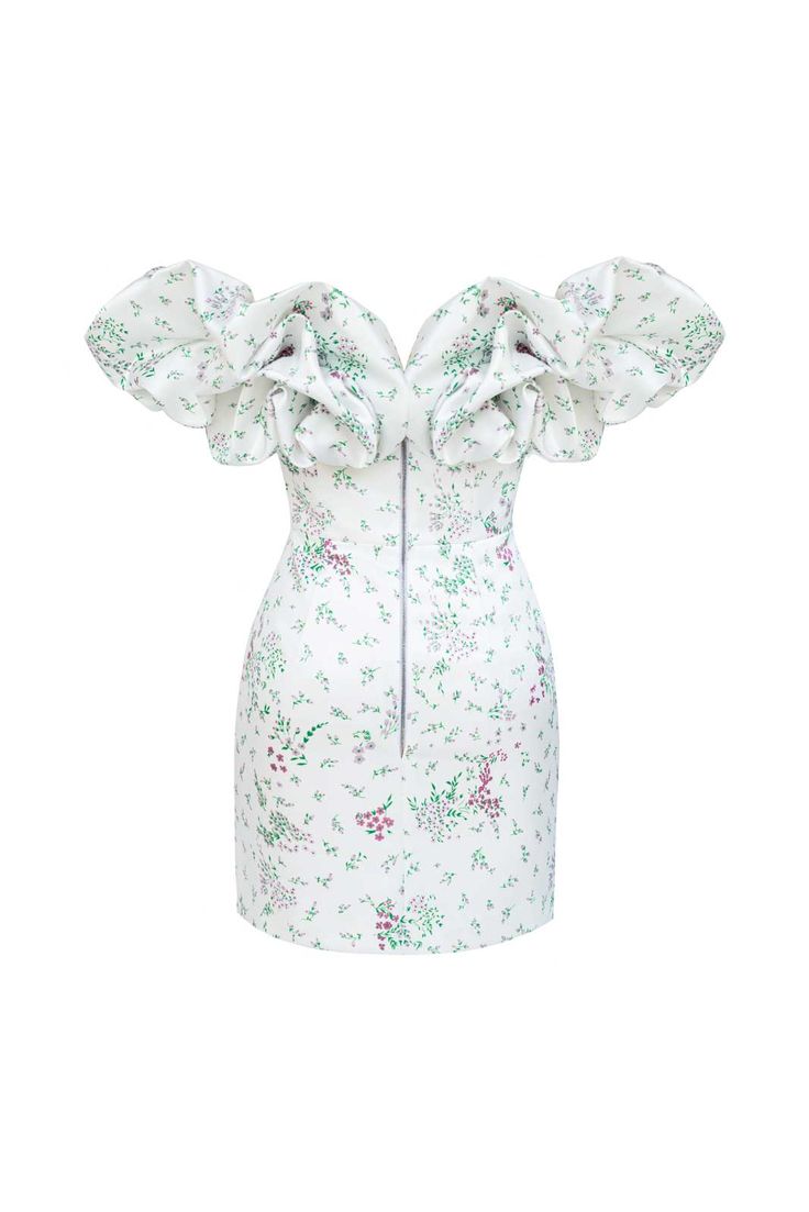 Embrace your femininity wearing our "Meringue" Floral Dress in mini length. Floral print creates such a pleasant and light vibes, flouncing on the top adds a little playfulness to the outfit. The corset makes the dress fit perfectly due to cups and bones. Made of dense fabric it holds its shape well and underlines the body shape. Lined. Satin Long Sleeve, The Outfit, Floral Mini Dress, Body Shape, Meringue, Dress Collection, Body Shapes, Black Floral, Party Outfit