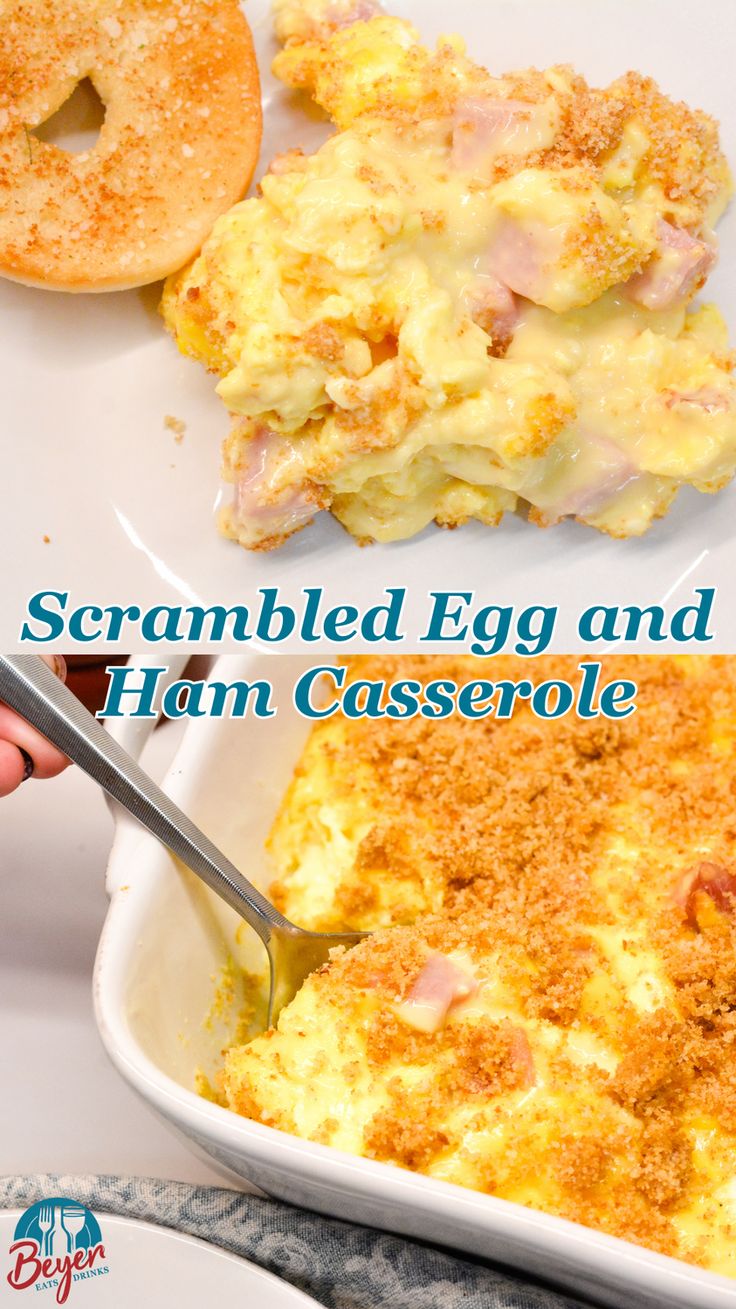 scrambled egg and ham casserole in a white dish