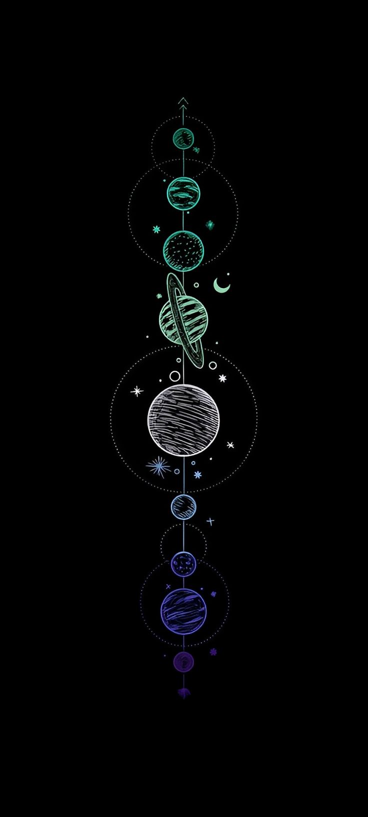 an image of the solar system with stars and planets on it, as well as some circles