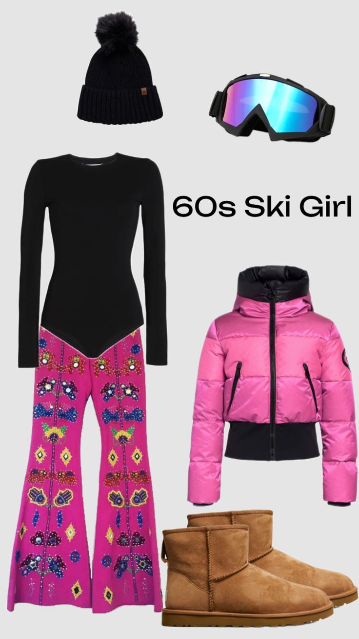 a women's winter outfit with ski goggles and boots