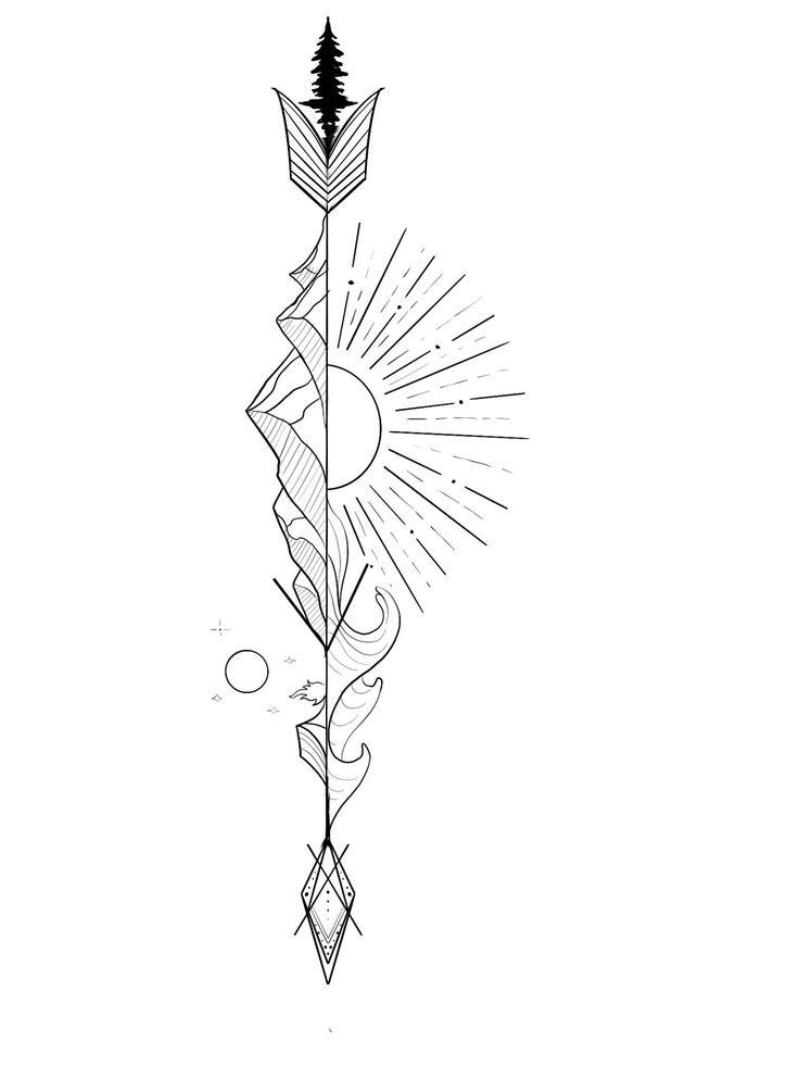 a black and white drawing of an arrow with the sun in the sky behind it