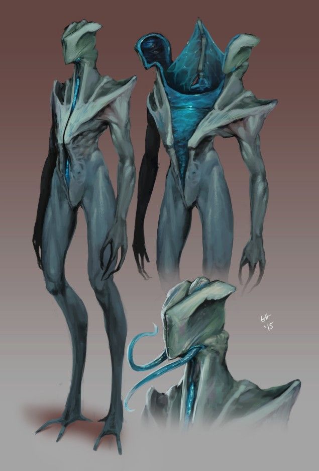 Vaguely humanoid creature with gray skin, blue tentacles, and a body that opens into a huge stomach