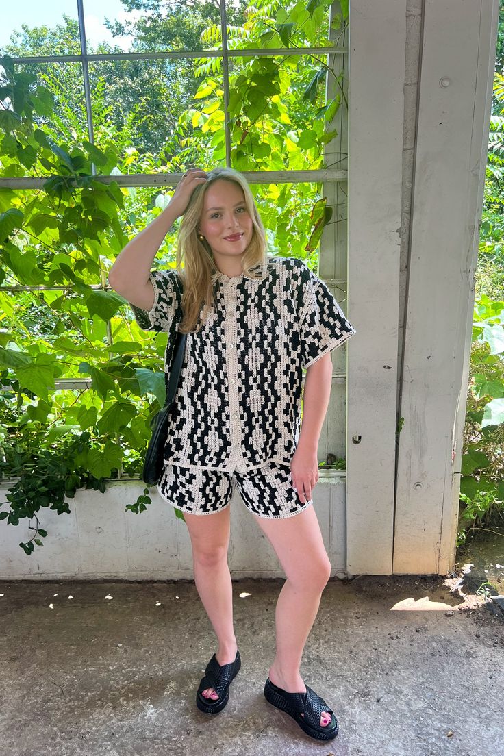 XS fits sizes 0 - 2. S fits sizes 4 - 6. M fits sizes 6 - 8. L fits size 10 - 12. Model wearing a size small in both top & bottom. Model also featured wearing the Dolce Vita Georgia Shoulder Bag. WE ONLY OFFER STORE CREDIT FOR RETURNS! Feel free to email us at hello@shopmaude.com regarding sizing, fit, or our return policy. Casual Cotton Short Set For Day Out, Casual Short Set For Day Out, Cotton Short Sleeve Short Set For Day Out, Cotton Short Set For Day Out, Short Tops Matching Set For Day Out, Casual Matching Short Set For Vacation, Casual Matching Set Shorts For Vacation, Vacation Cotton Crochet Top With Stretch, Stretch Cotton Crochet Top For Vacation