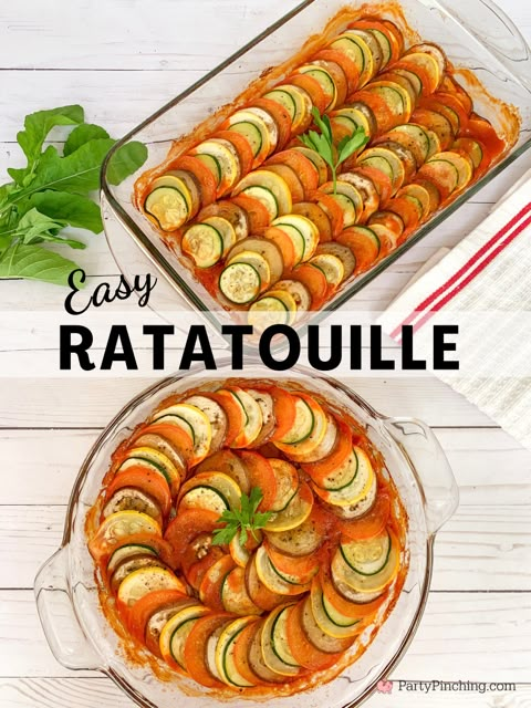 an easy ratatoulie recipe in a casserole dish on a white table