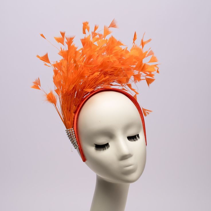 Orange Fascinators, Monies Jewelry, Cotton Loungewear, Satin Headband, Diva Boutique, 1920s Style, Fascinator Headband, Hair Bonnet, Feather Headband