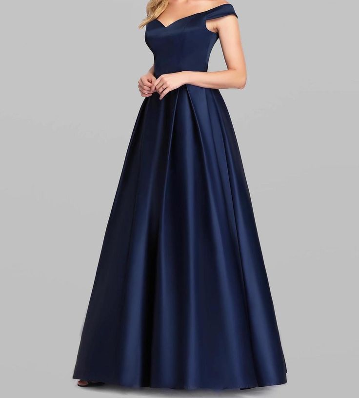 Blue Silk Off Shoulder Evening Gown (Elegant) Blue Off-shoulder Ball Gown For Prom, Elegant Off-shoulder Gown For Prom Season, Elegant Off-shoulder Ball Gown For Formal Events, Blue Satin Finish Evening Dress For Wedding, Blue Evening Dress With Satin Finish For Weddings, Elegant Satin Finish Evening Ball Gown, Blue Off-shoulder Evening Dress With Fitted Bodice, Prom Ball Gown With Satin Finish, Evening Satin Finish Floor-length Ball Gown