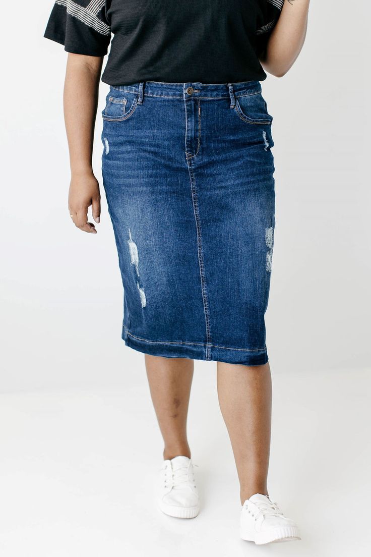 'Indie' Distressed Denim Skirt | The Main Street Exchange Distressed Medium Wash Denim Skirt, Distressed Dark Wash Denim Skirt, Dark Wash Distressed Denim Skirt, Fitted Distressed Dark Wash Denim Skirt, Distressed Denim Skirt For Fall, Ripped Denim Skirt For Fall, Ripped Denim Skirt In Dark Wash, Dark Wash Denim Jacket, Apostolic Fashion