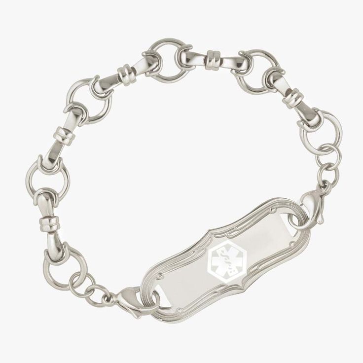 Our Kensington women's medical ID bracelet is a classic, elegant style that pairs easily with any outfit. With silver plating and stainless steel lobster clasps, Kensington is a linked bridle chain medical alert bracelet in a chic, upscale design.As an interchangeable bracelet, Kensington allows you to easily move your medical ID tag between Lauren's Hope interchangeable med alert bracelets. EMTs or First Responders are trained to look for the medical caduceus symbol, which alerts them that your Classic White Gold Metal Charm Bracelet, White Gold Stainless Steel Chain Bracelet With Lobster Clasp, Classic Metal Charm Bracelet With Solid Links, Hypoallergenic Metal Link Charm Bracelet, Hypoallergenic White Gold Stainless Steel Bracelet, Hypoallergenic Oval Link Metal Chain Bracelet, Hypoallergenic Metal Chain Bracelet With Oval Links, Nickel-free White Gold Chain Bracelet, Nickel-free White Gold Metal Chain Bracelet