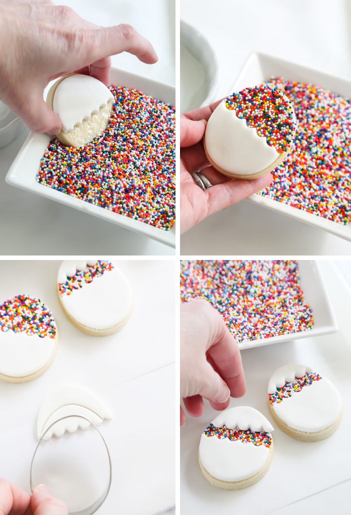 the process of making sugar cookies with sprinkles and frosting on them