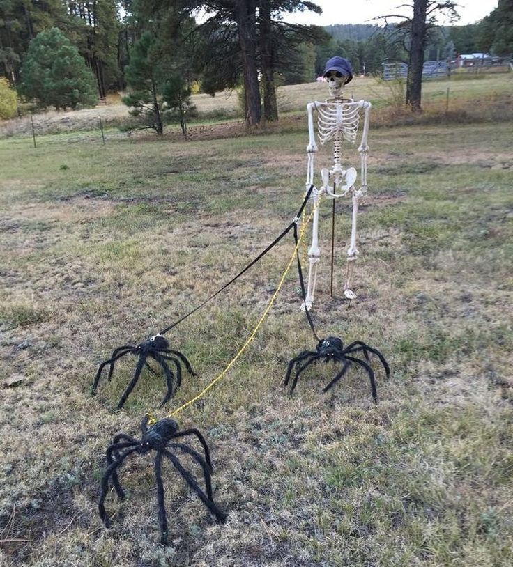 a skeleton is tied up to two black spider legs in the middle of a field