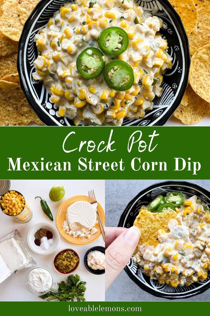 a pretty black bowl filled with corn dip topped with jalapeno slices, ingredients, and a tortilla chip with a scoop of corn dip. Street Corn Dip Crock Pot, Mexican Street Corn Dip Crock Pot, Crock Pot Mexican Street Corn, Crock Pot Corn Dip, Bunco Appetizers, Corn Salsa Dip, Fodmap Side Dishes, Elote Dip Recipe, Low Fodmap Soup