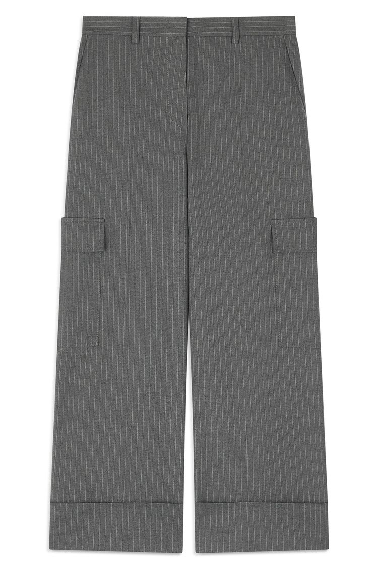 A relaxed take on the utility trend, these cropped pants feature a pinstrope pattern and roomy cargo pockets. Zip fly with button closure Front slant pockets; back flap-patch pockets; cargo flap-patch pockets 65% polyester, 33% viscose, 2% elastane Machine wash, dry flat Imported Pinstripe High-waisted Pants With Pockets, Pinstripe Wide Leg Pants With Pockets, Pinstripe Wide-leg Pants With Pockets, Pinstripe Trousers With Pockets, Relaxed Fit Pinstripe Bottoms With Pockets, Pinstripe Bottoms With Pockets Relaxed Fit, Pinstripe Bottoms With Pockets For Work, Casual Pinstripe Pants With Pockets, Fall Striped Bottoms With Pockets