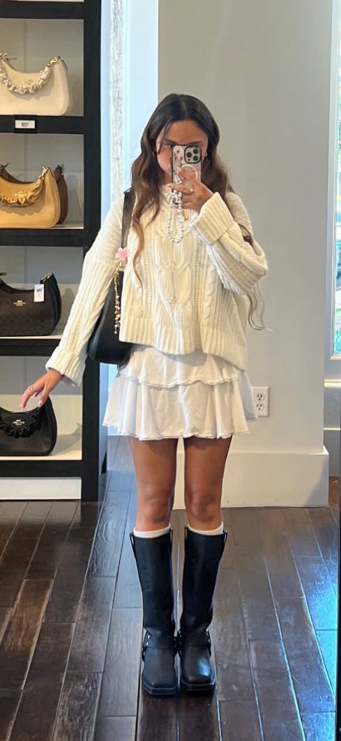 White Outfit Black Boots, Fall Ny Outfits, Cute Dress Fall Outfits, Fall Outfits Office Casual, Winter Dress Inspiration, Skirt Snd Sweater Outfits, Girly Thanksgiving Outfits, Going To See The Nutcracker Outfit, Feminine Era Outfit