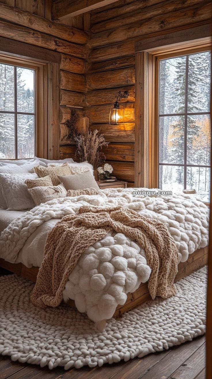 a large bed sitting inside of a bedroom on top of a wooden floor next to two windows