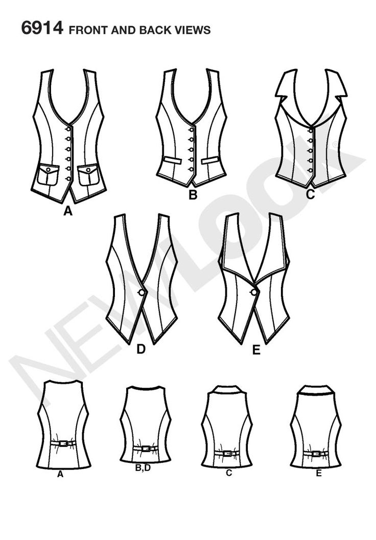 sewing pattern for ladies's vests from the front and back views, with different variations