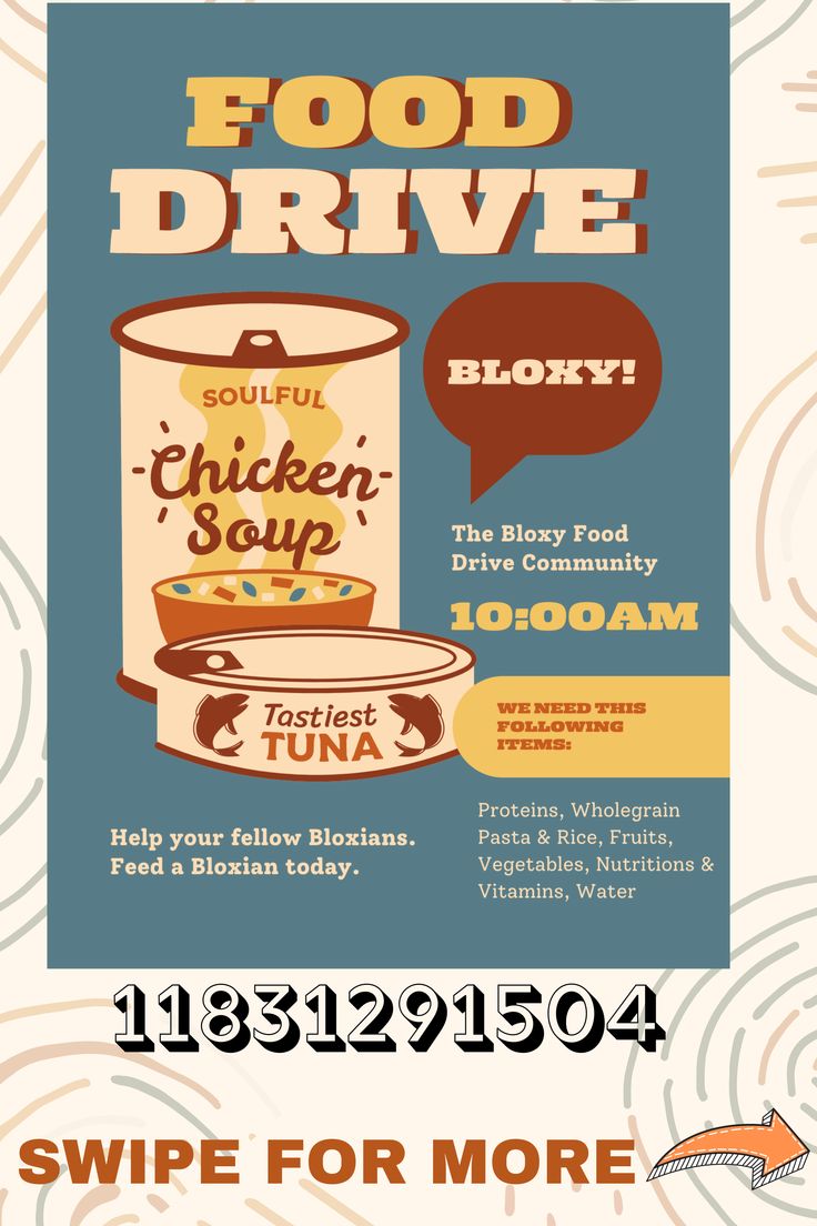 a poster advertising food drive with an image of chicken soup