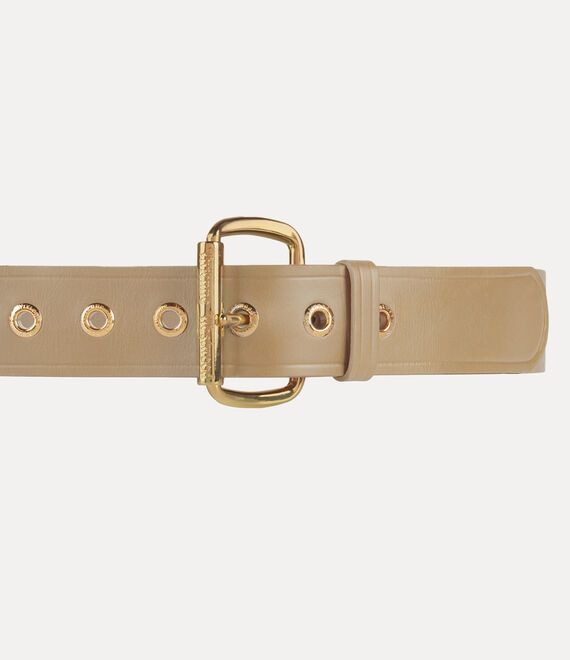 Our Alex belt has been reimagined this season in beige leather, complete with updated gold-tone hardware. The piece pays homage to the original design and features engraved Vivienne Westwood lettering on the buckle, enhanced by foil-embossed branding on the strap. Designer Formal Belts With Brass Hardware, Designer Gold Belts With Brass Hardware, Designer Leather Belt Buckles With Gold Buckle, Modern Leather Belt Buckles With Gold Buckle, Designer Belts With Gold-tone Hardware For Work, Classic Beige Belts For Formal Occasions, Gold Business Belts With Metal Logo, Designer Leather Belt Buckles With Metal Logo, Classic Beige Belts For Formal Wear