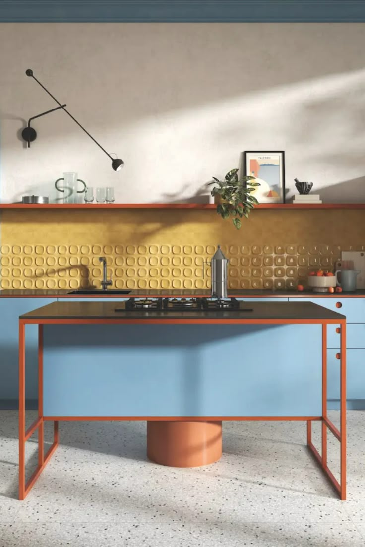 a kitchen with blue cabinets and orange counter tops in the center is a potted plant