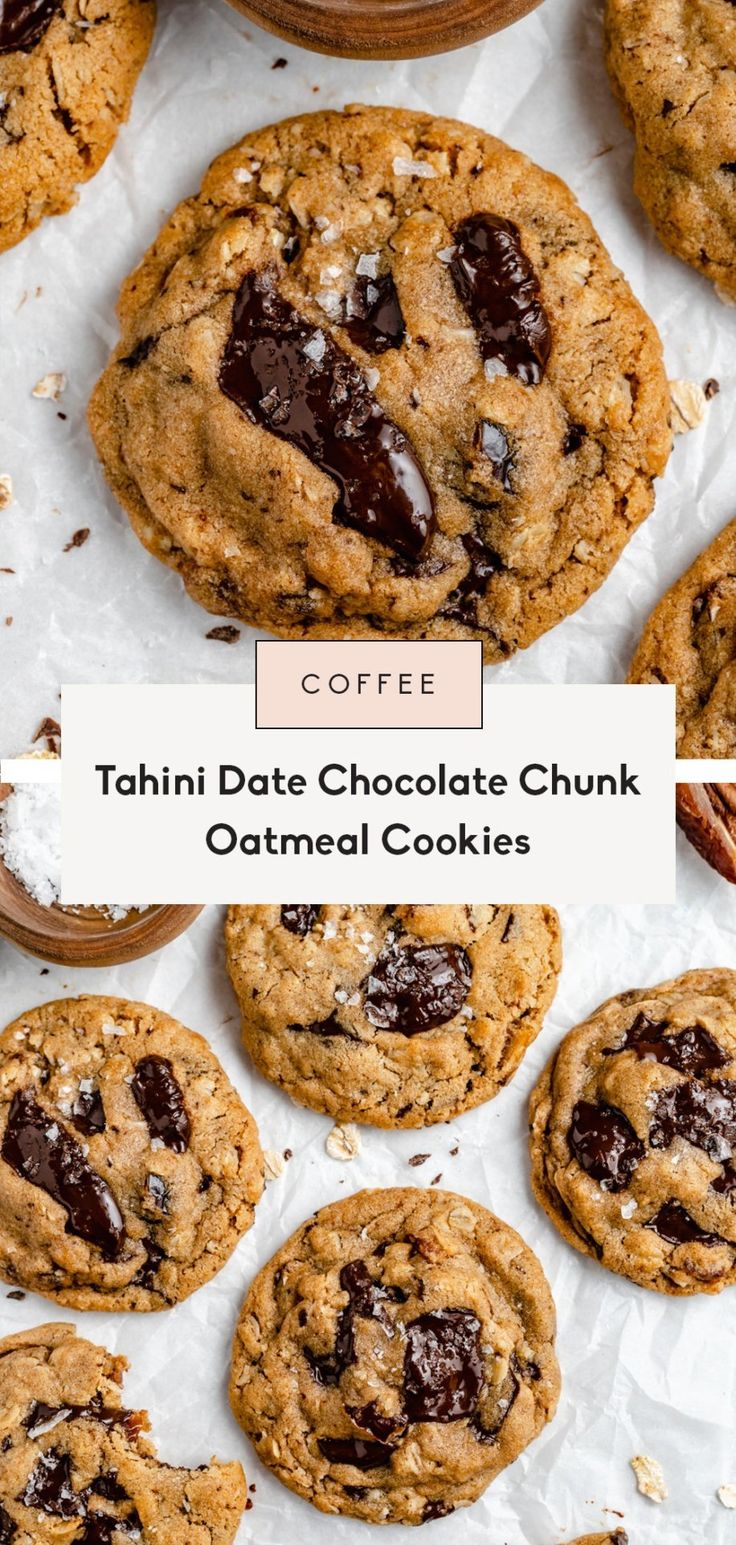 tahitii date chocolate chunk oatmeal cookies on parchment paper with text overlay