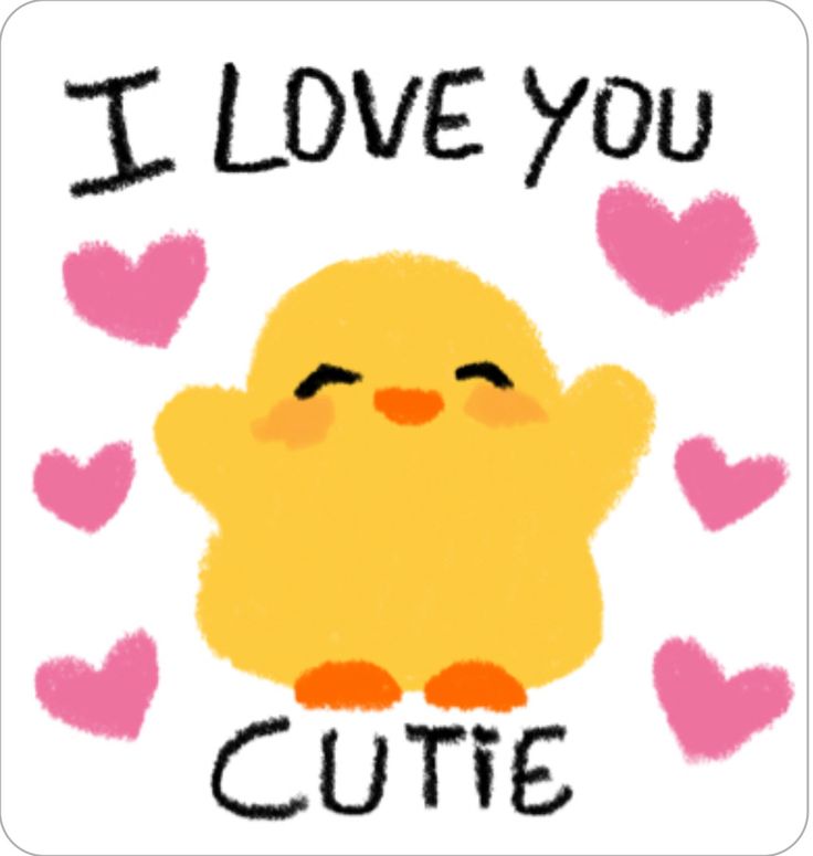 i love you cutie sticker with a yellow chick surrounded by pink heart shapes