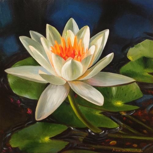 a painting of a white and orange water lily