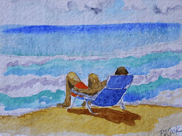 a painting of a person sitting in a beach chair on the beach looking out at the ocean