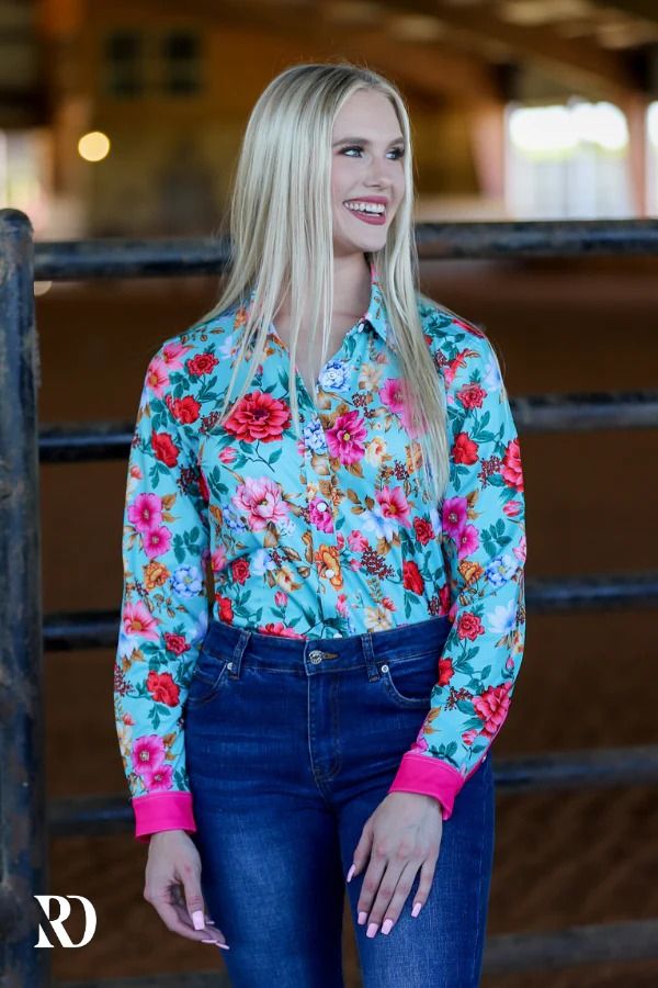 BLOOM PERFORMANCE RODEO SHIRT – Ranch Dress'n Spring Rodeo Shirt With Snap Buttons, Fitted Button-up Tops For Rodeo, Classic Button-up Top For Rodeo, Country Style T-shirt For Rodeo In Spring, Boots Makeup, Bra Essentials, Spring Rodeo Button-up Shirt, Fleece Quarter Zip, Rodeo Shirts